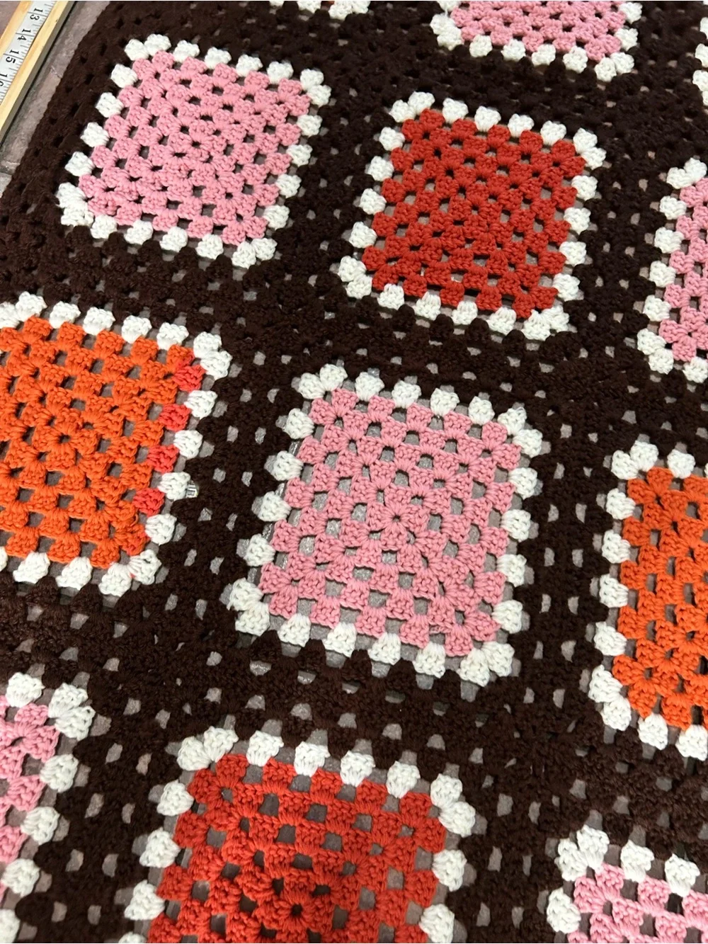 Handmade Brown Crochet Granny Square Throw with Pink, Orange & Cream